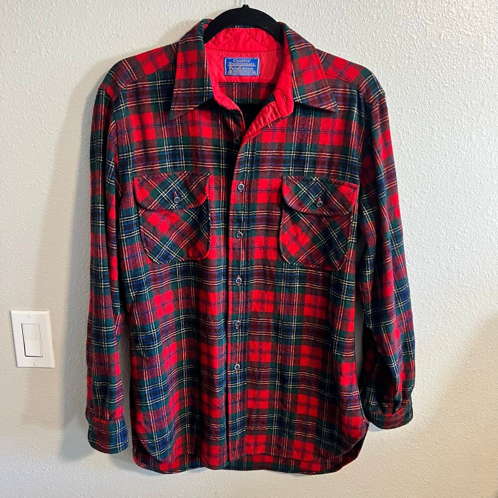 Vintage 70s Pendleton Red and Green Plaid 100% Virgin Wool Button Up Shirt M